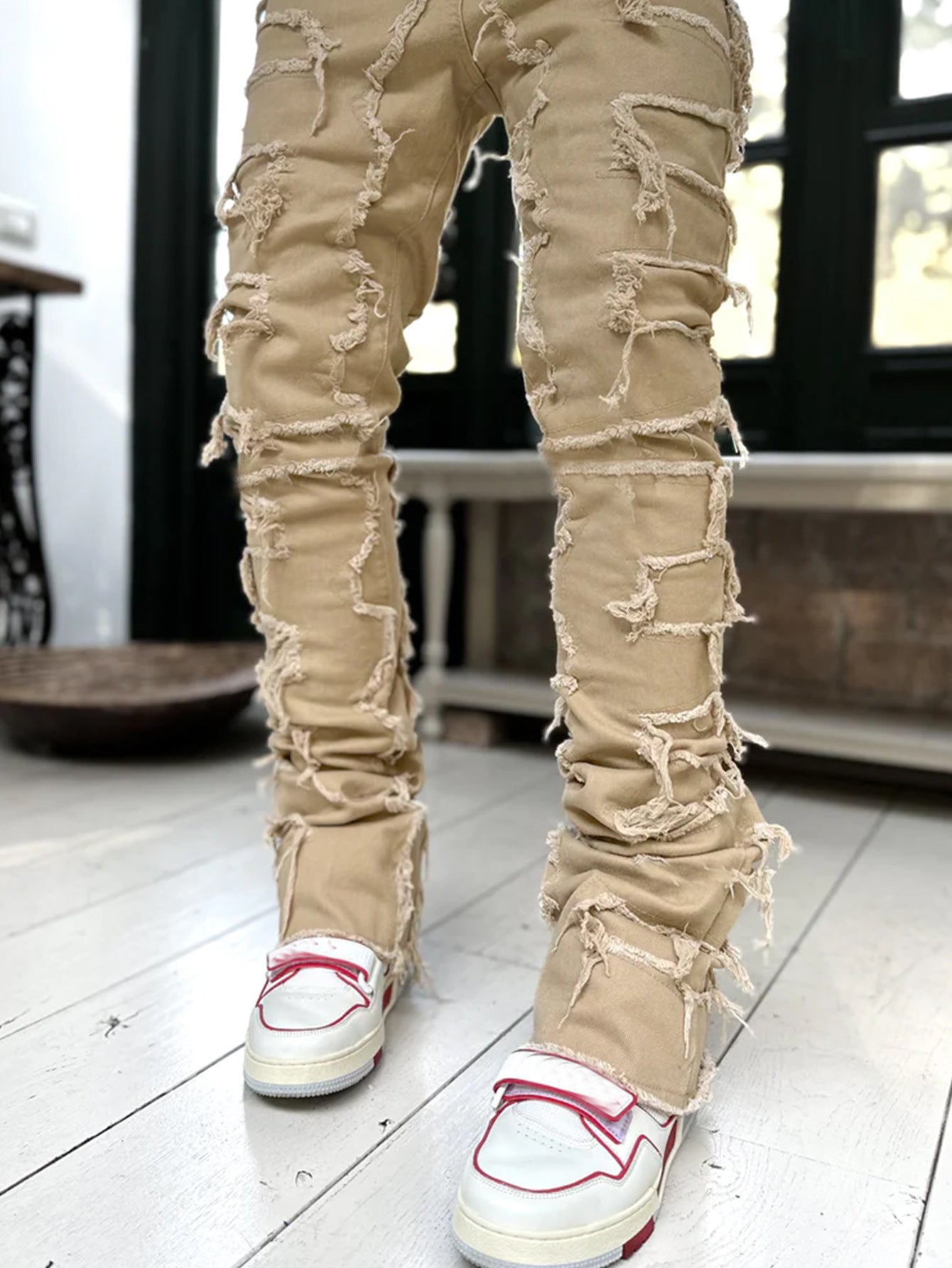 Ins Fringes Ripped Trousers Individual Patched Pants Long Tight Fit Stacked Jeans for Mens Clothing