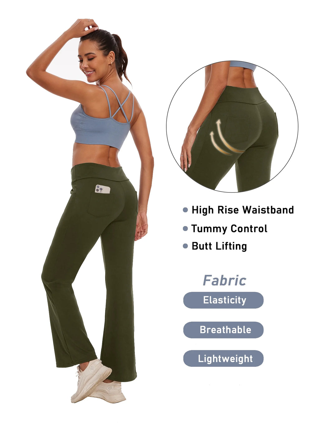 Womens Yoga Pants Flare Legging with Pockets Bootcut High Waist Lightweight Bottoms Workout Activewear Green M