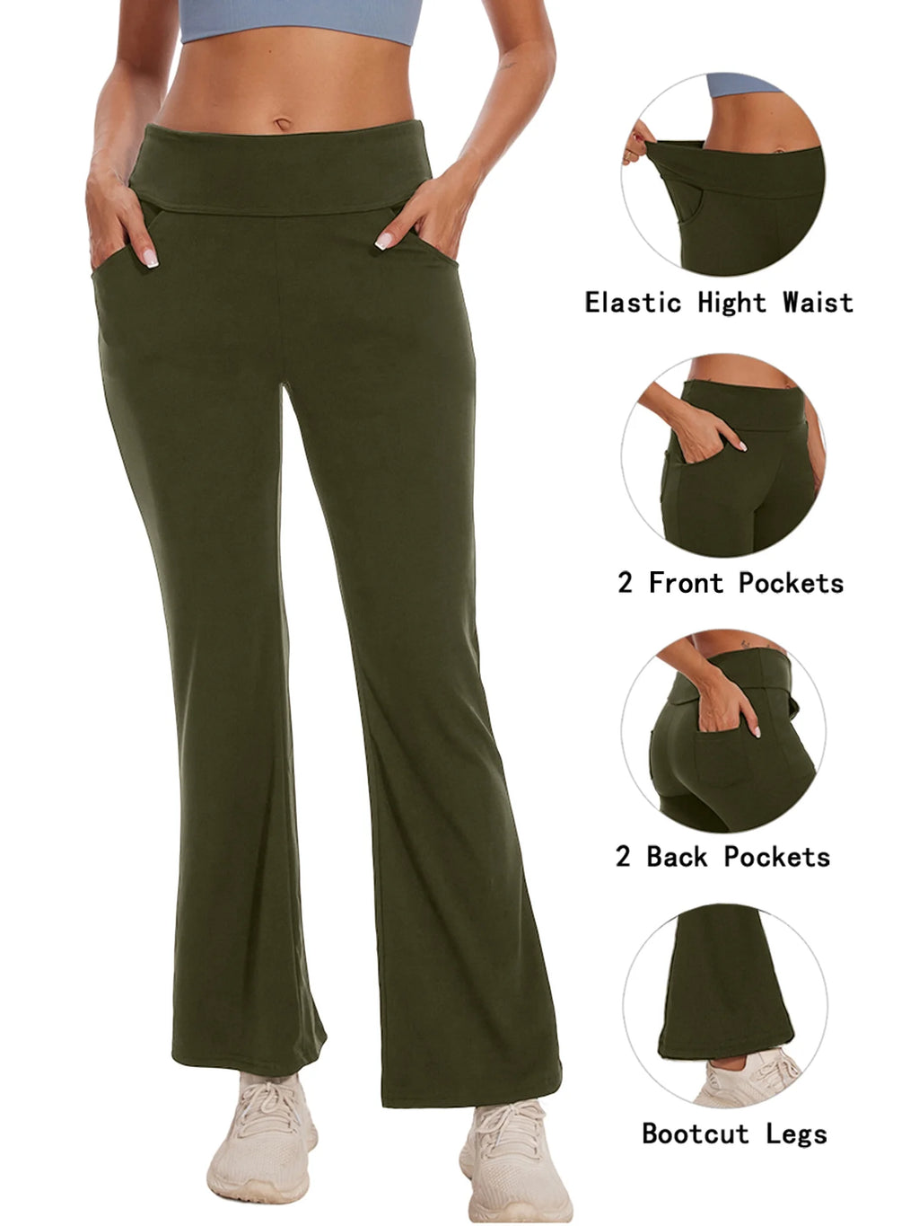 Womens Yoga Pants Flare Legging with Pockets Bootcut High Waist Lightweight Bottoms Workout Activewear Green M